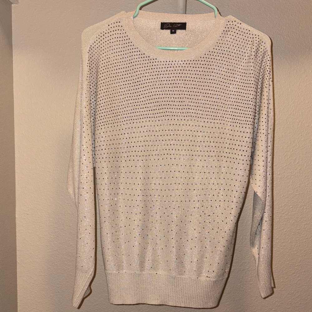 Rhinestone Embellished Cream Sweater – Crewneck, Sparkle Detail, Like New